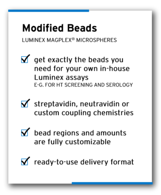 in-house Luminex assays, modified beads, straptavidin, neutravidin or custom coupling chemistries, fully customizable, ready-to-use for multiplex protein assays.