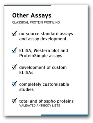 Classical protein assays, custom ELISA, customizable, total and phosphoproteins.